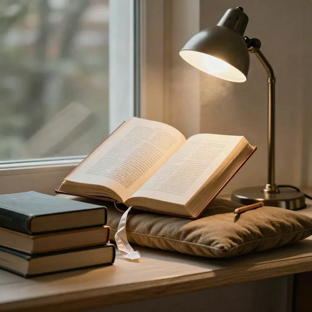 Kącik do czytania: otwarta książka, lampa, ołówek i zakładka w ciepłym świetle.