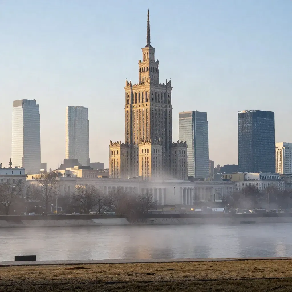 Warszawa o świcie nad mglistą Wisłą, z Pałacem Kultury wysoko nad równiną